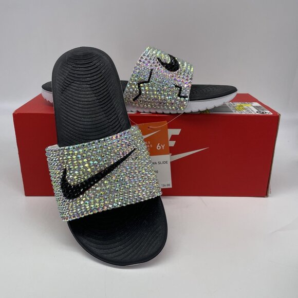 Nike KAWA Slide Black White Rhinestone Blinged Out Youth Sz 6 MODIFIED - Picture 1 of 9